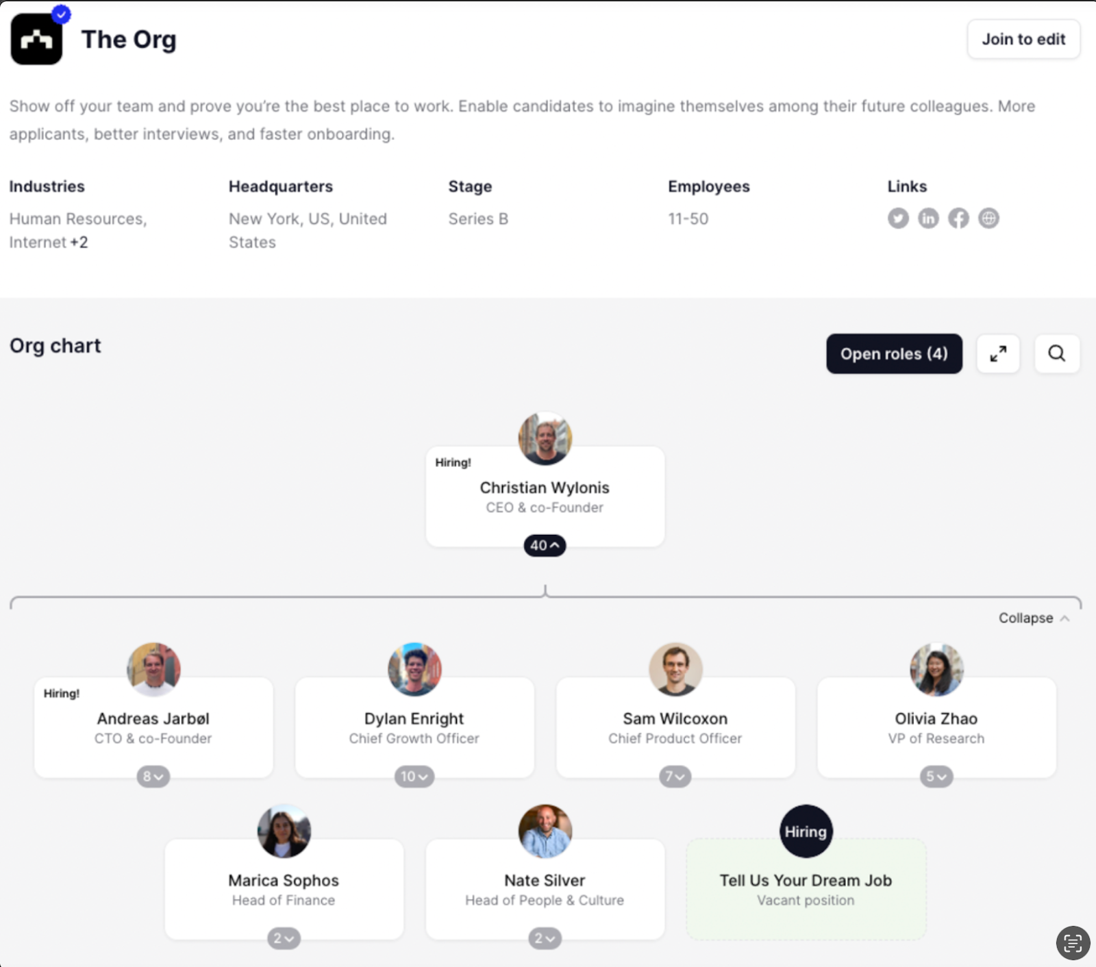 Org chart of The Org showing Organizational structure
